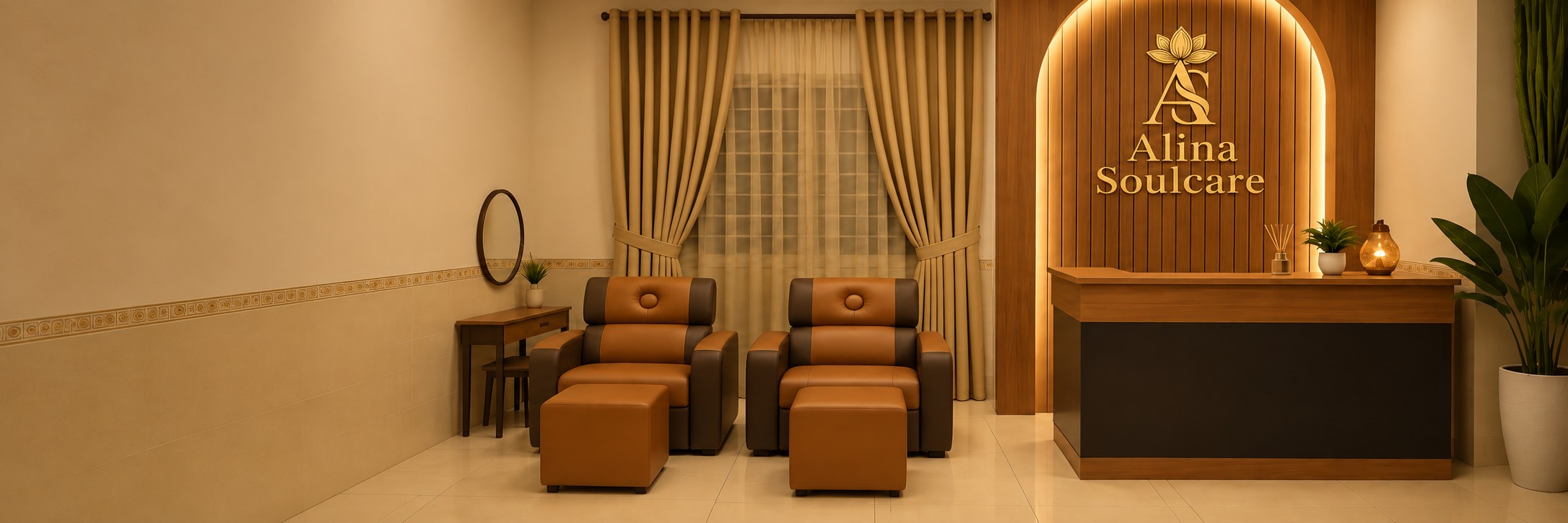 Không gian spa minh họa với ghế thư giãn và ánh sáng ấm